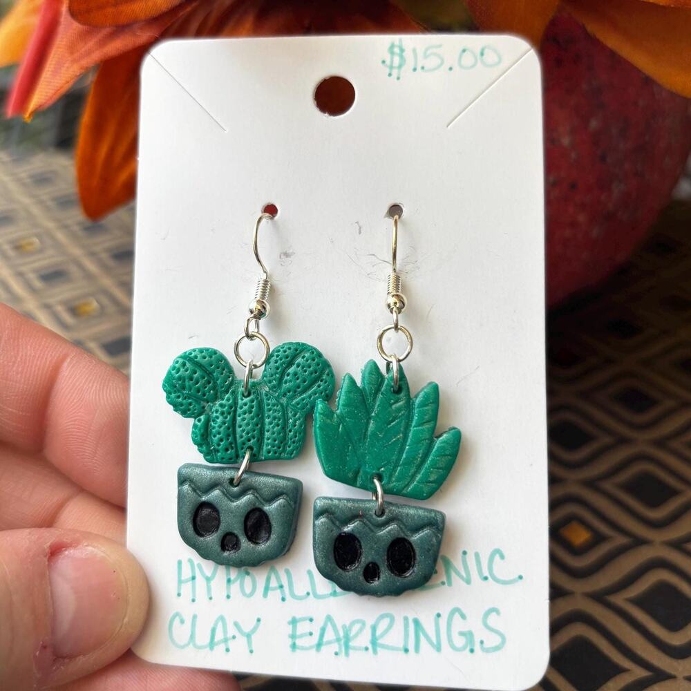 Handmade Skull Cactus Plant Earrings, Hypoallergenic, Clay Halloween Jewelry